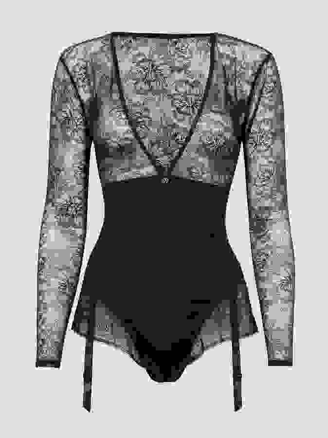 Lovehoney Plus Size Hourglass Black Smoothing Long Sleeve Body, Black, hi-res